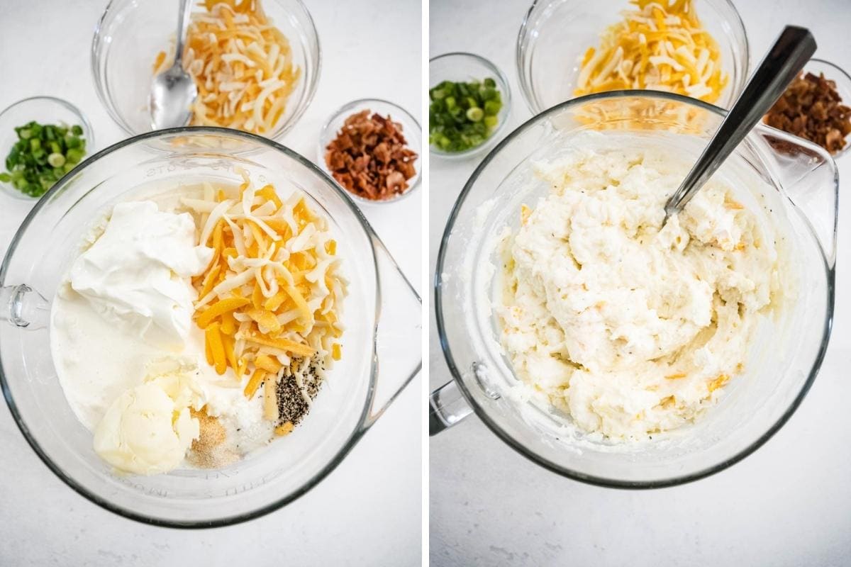 Two image collage showing mixing bowl with ingredients and then after mixed.