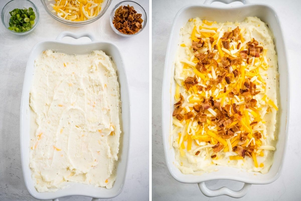 Two image collage showing mashed potato mixture spread in casserole dish and then topped with cheese and bacon ready for the oven.