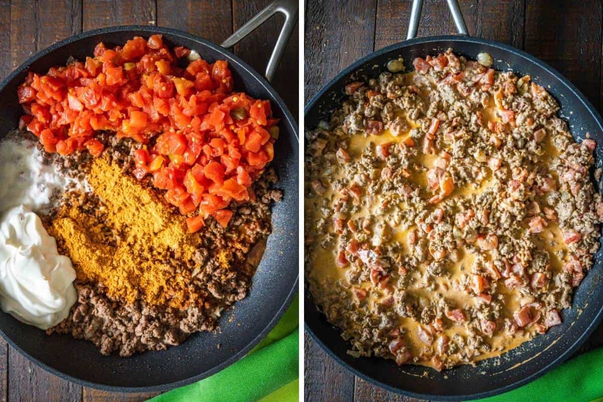 Collage images: adding in ingredients to ground beef and then stirring together.