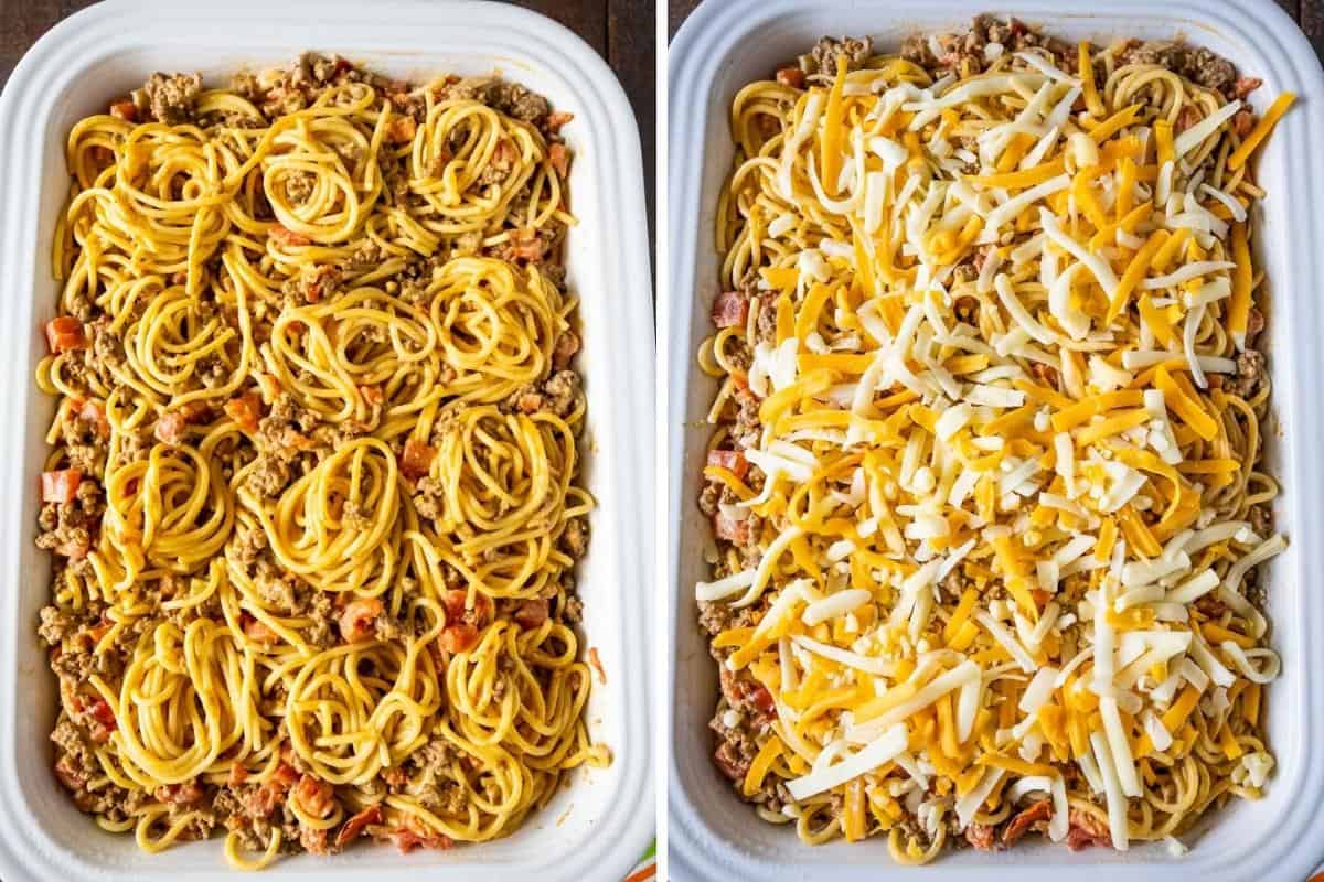 2 Collage images: spaghetti taco mixture placed in casserole dish then topped with remaining shredded cheese ready to bake.