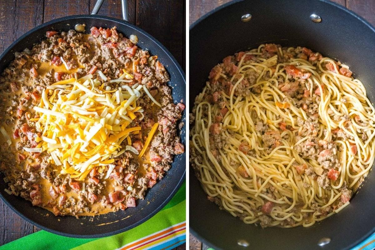 Collage images: adding in half of shredded cheese to ground beef mixture and then drained pasta; stirring together.