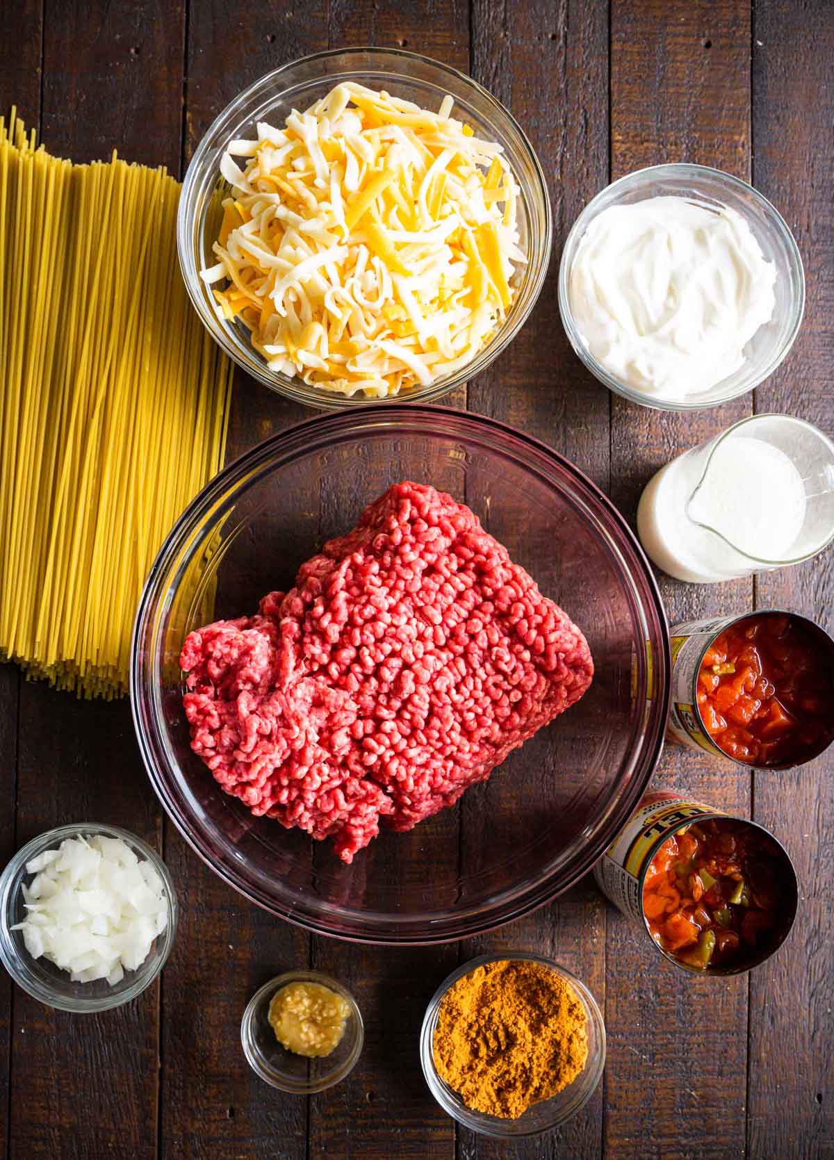Image of ingredients to make taco spaghetti bake.