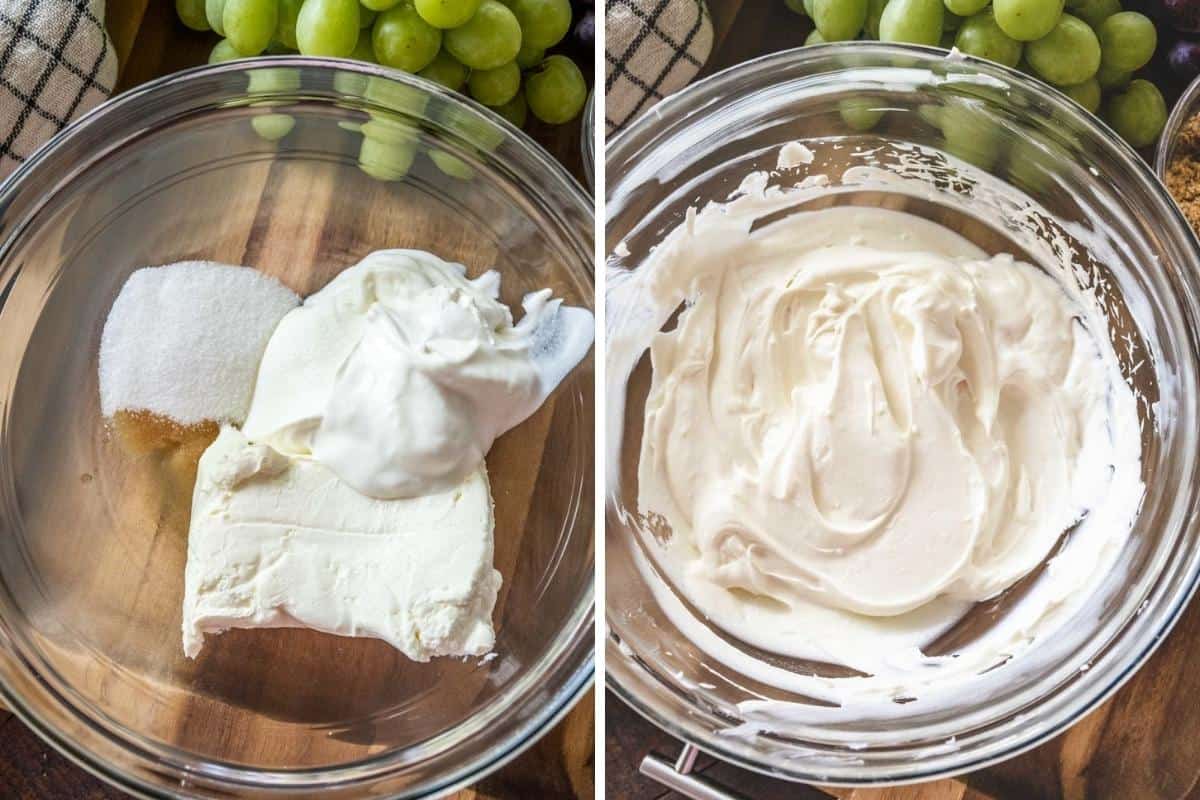 Collage image: ingredients for cream cheese mixture and then a bowl of the mixture combined.