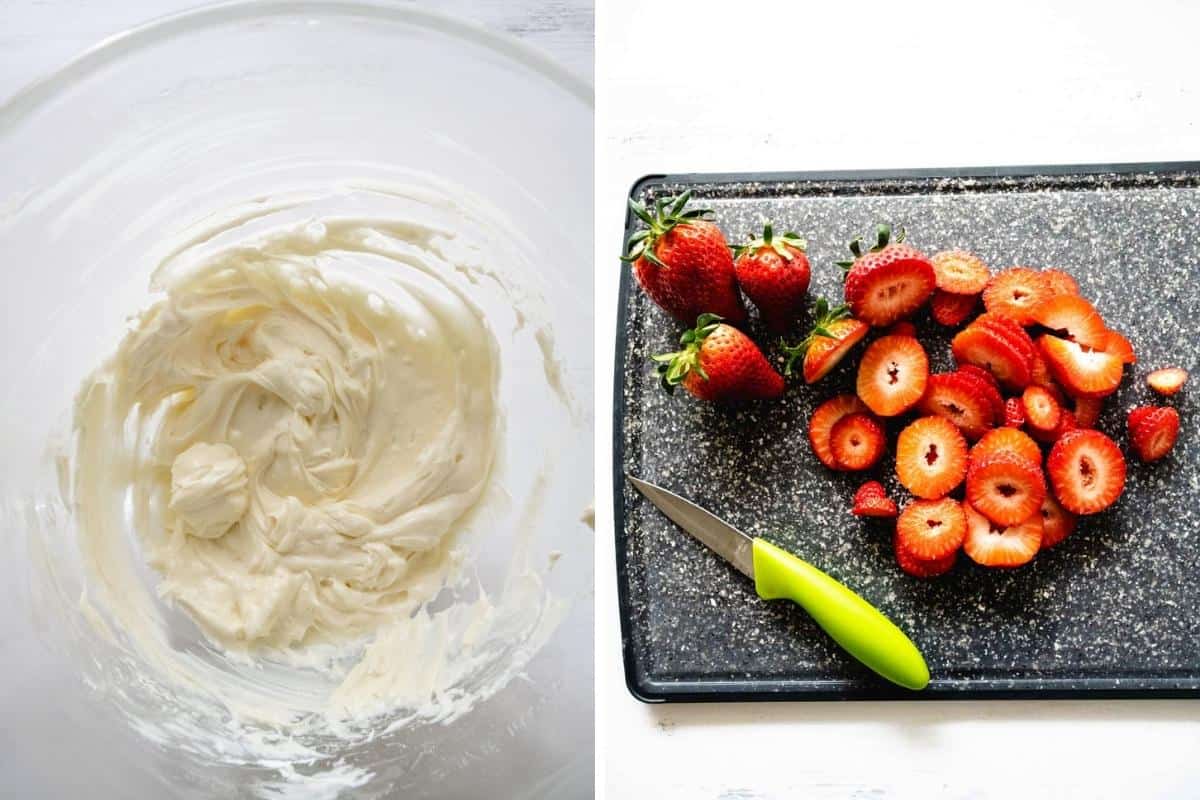 Step 2 Strawberry Pizza: Cream cheese filling mixed in a glass bowl and sliced strawberries on a cutting board with a green pairing knife.