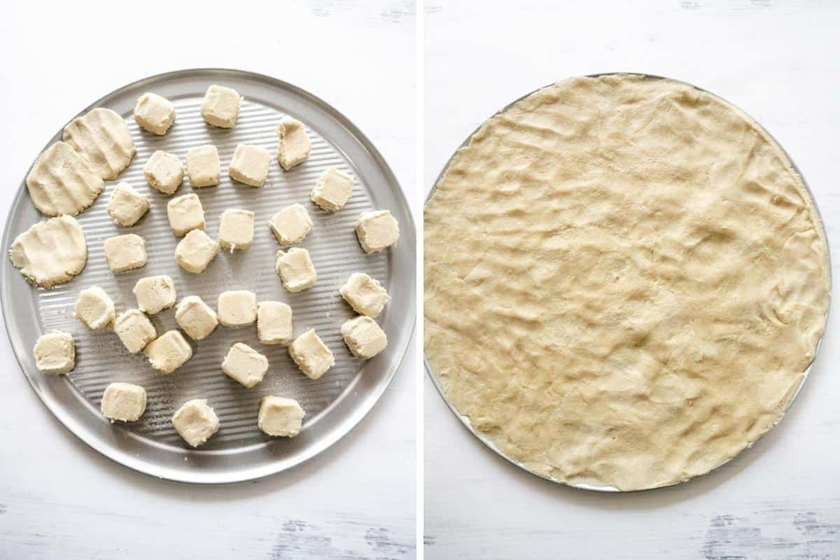 Step 1: Prepare pizza pan and cookie dough crust.