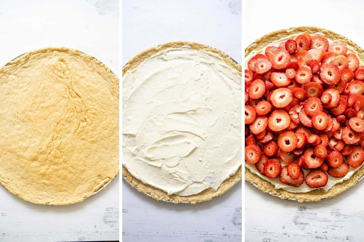 Step 3: Add cheesecake filling to top of cookie crust then top with sliced strawberries.