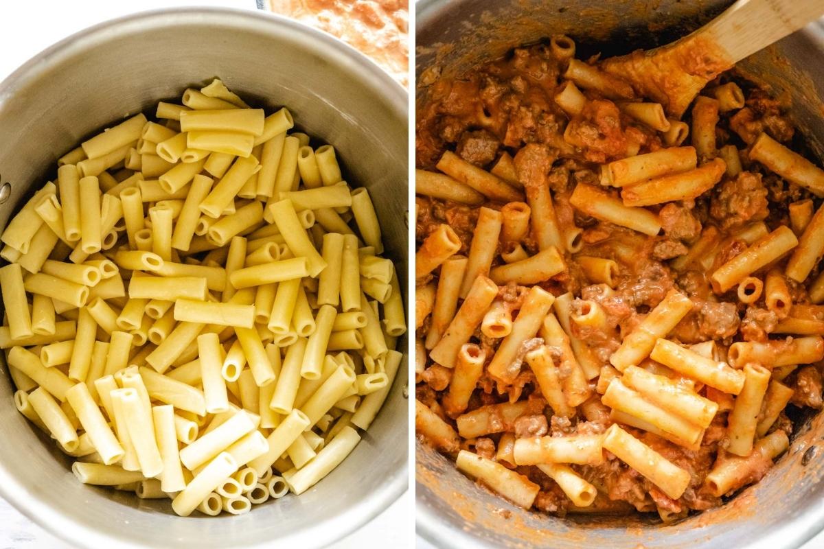 Two image collage showing pasta and then pasta mixed with meat sauce in a pan.