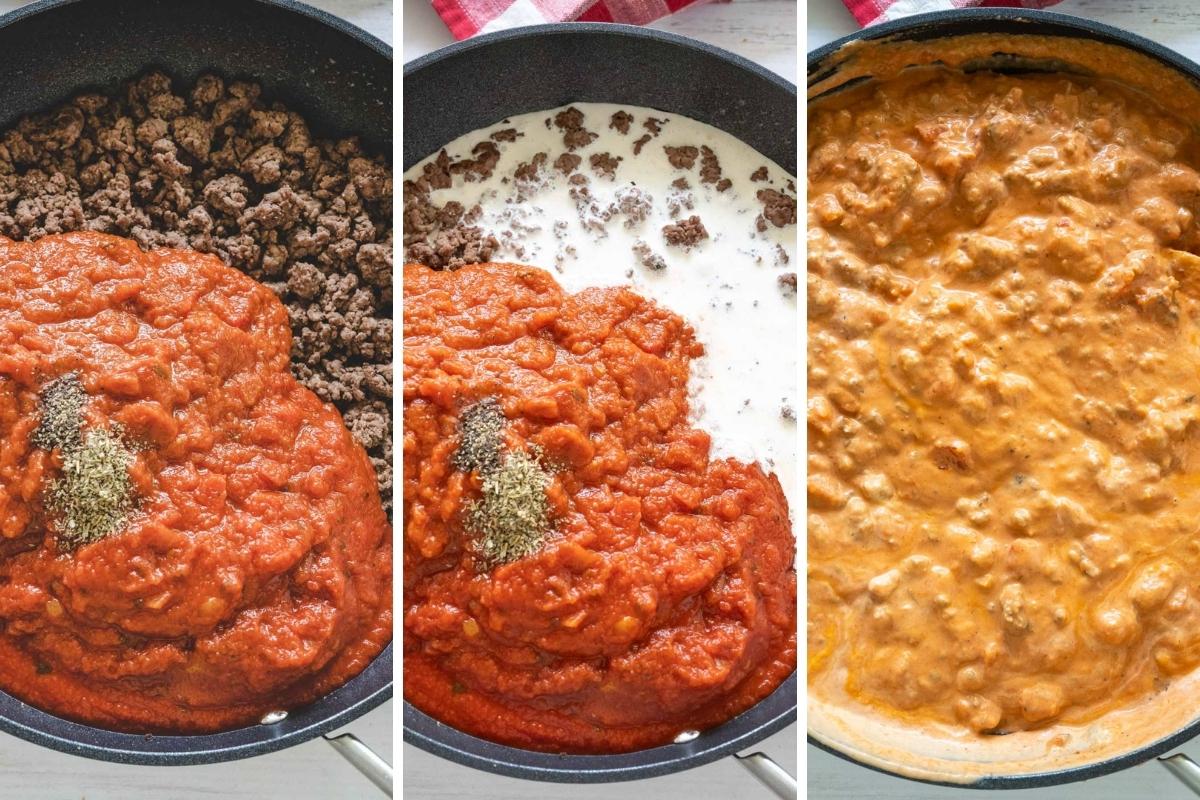 Three image collage showing ground beef with pasta sauce added, then adding heavy cream and mixing until combined.
