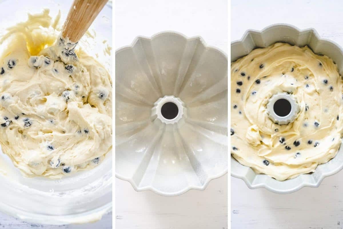 3 Image collage showing mixed cake batter, prepared bundt pan, and batter in the pan.