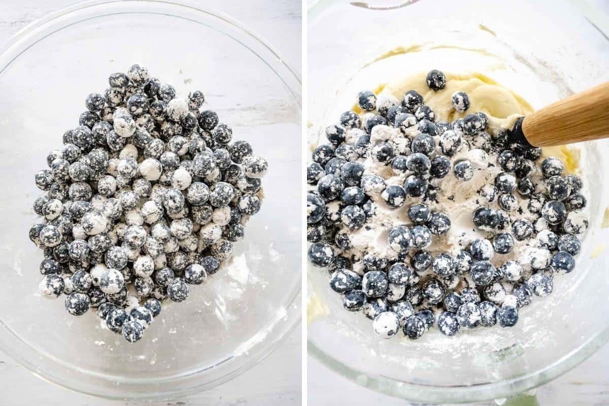 Two image collage showing blueberries tossed in flour and then added into cake batter.