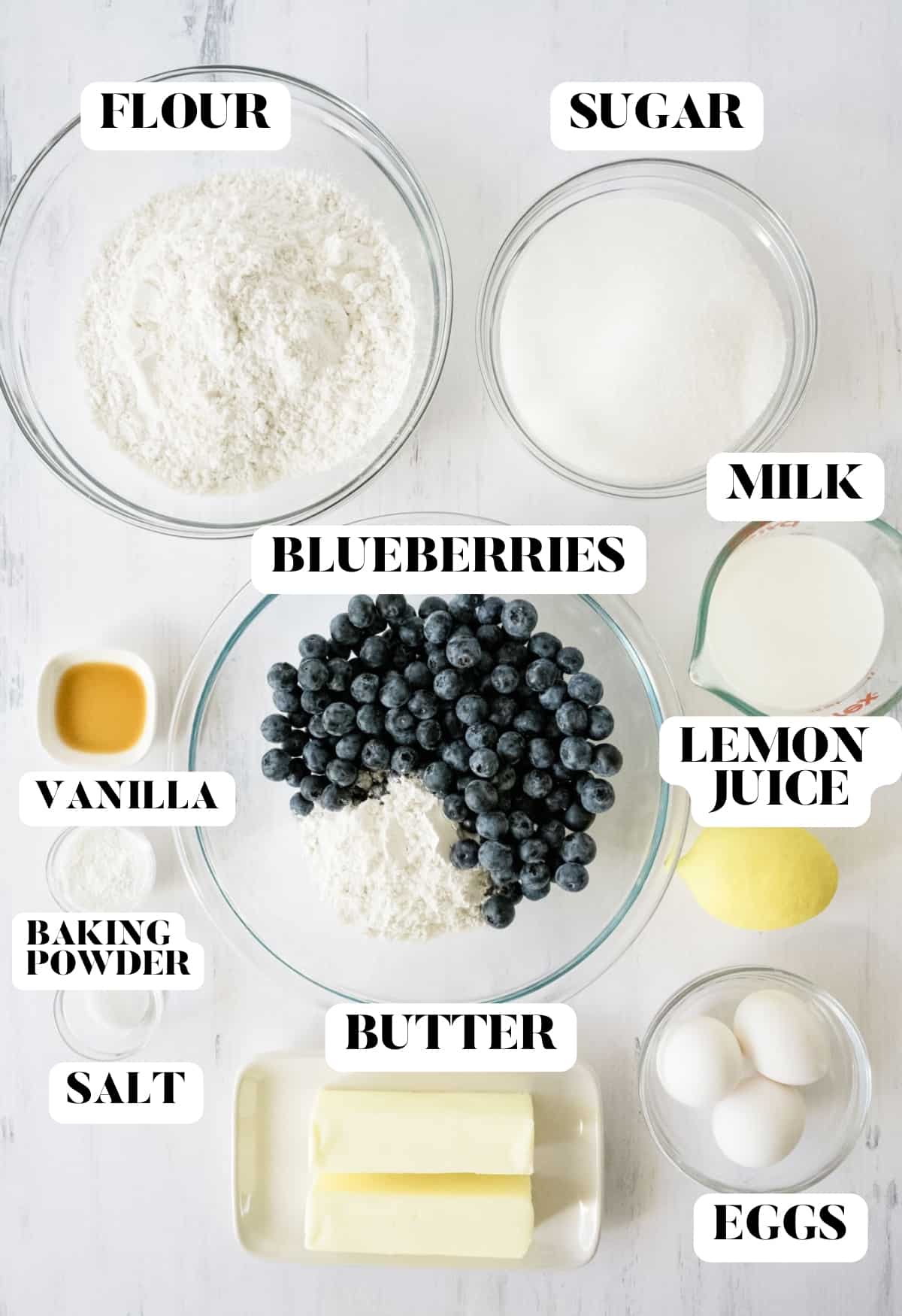 A labeled image of ingredients needed for blueberry pound cake.