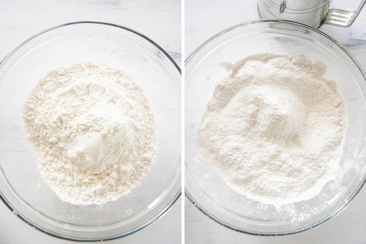 Two image collage showing flour, baking powder, and salt in a bowl and then after being sifted into a bowl.