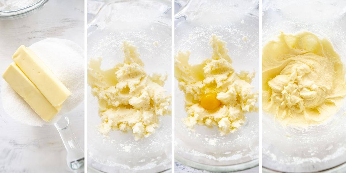 4 image collage showing how to cream butter, sugar and add in eggs.
