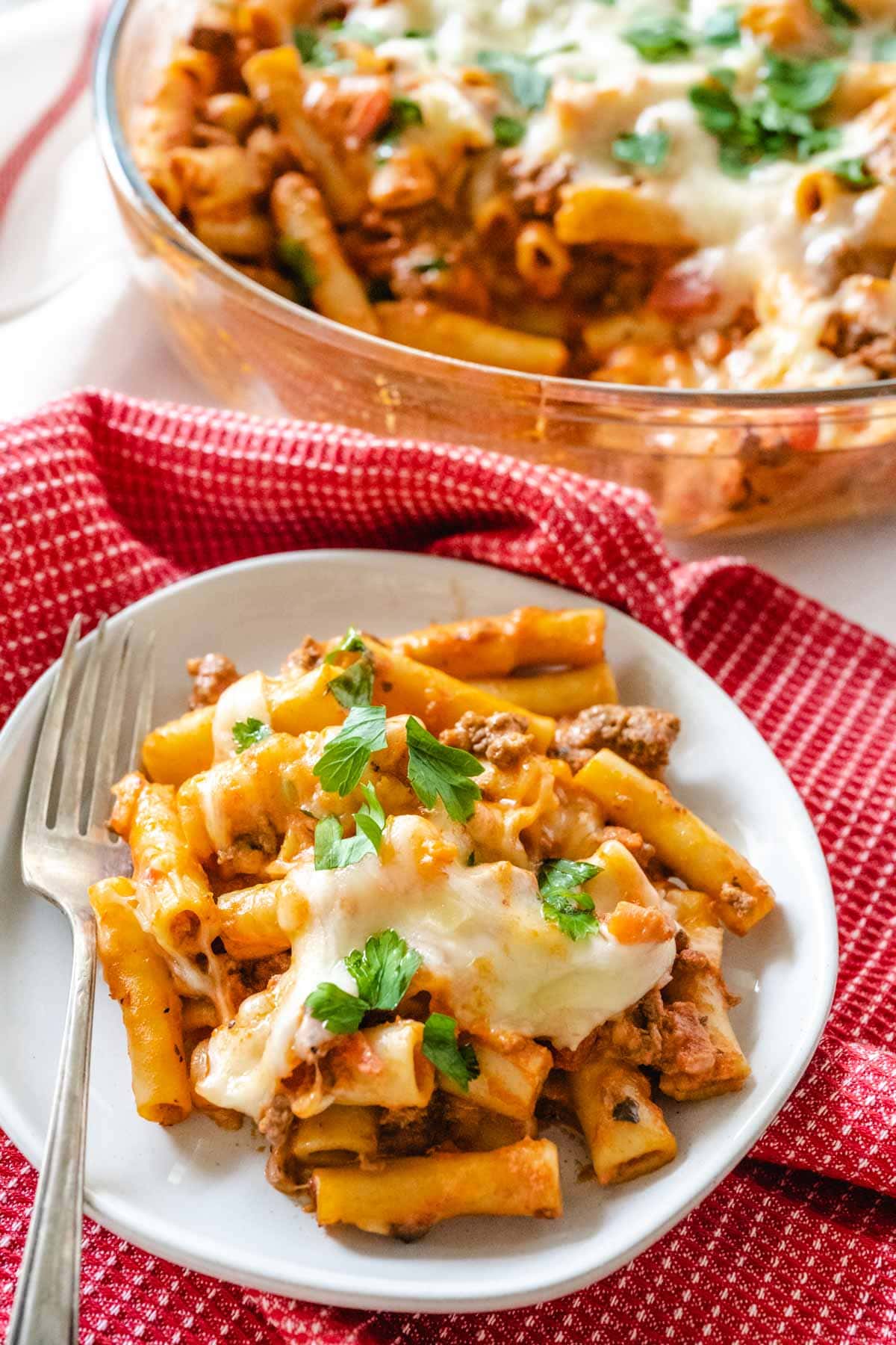 A plate full of baked ziti topped with melted cheese and parsley with a casserole dish in the background.