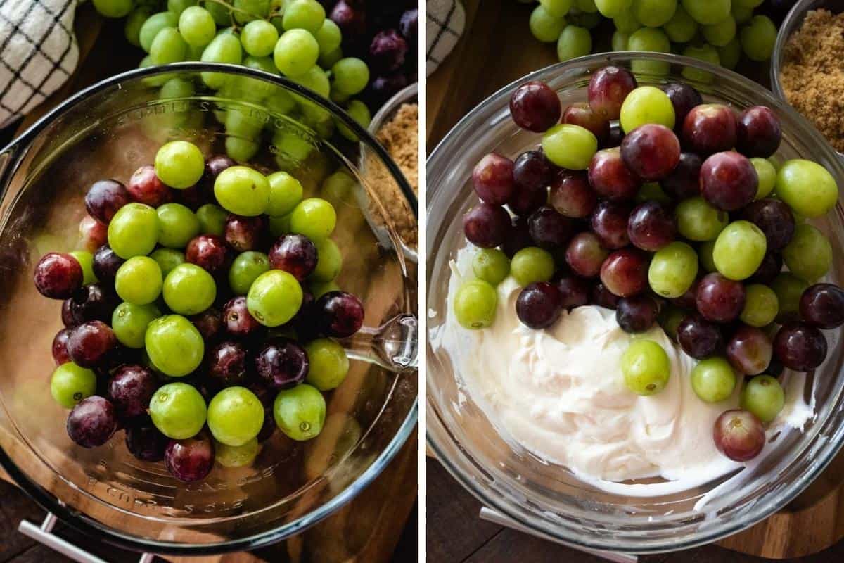 Collage images of grapes and cream cheese mixture with grapes added.