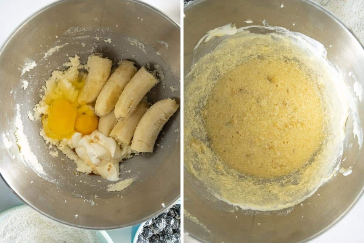 Adding bananas, sour cream, eggs, and vanilla and mixing together.