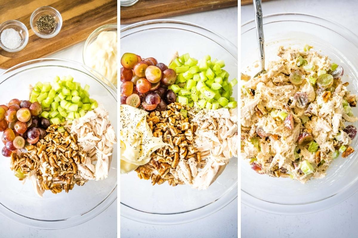 Three image collage showing chicken salad ingredients added to bowl, then adding mayo and spices, and then all ingredients mixed together.
