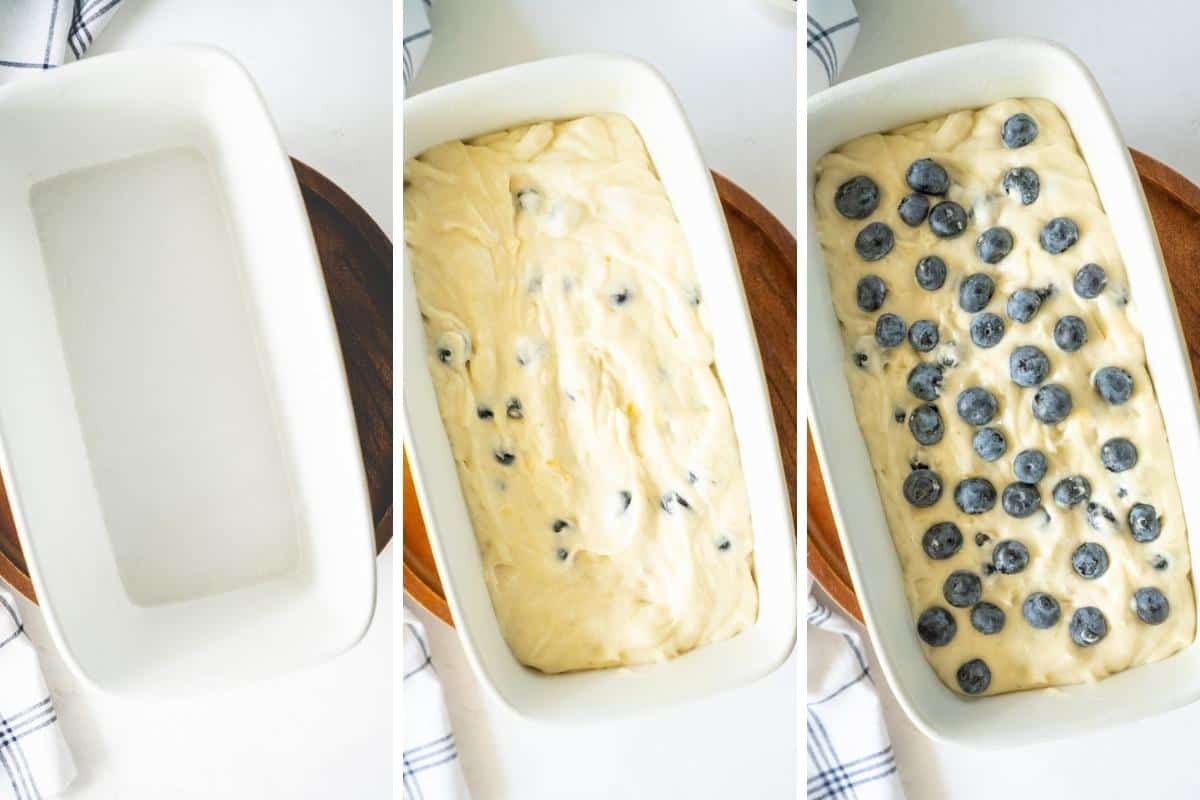 Three image collage of prepared loaf pan, batter poured in, and additional blueberries added to the top.