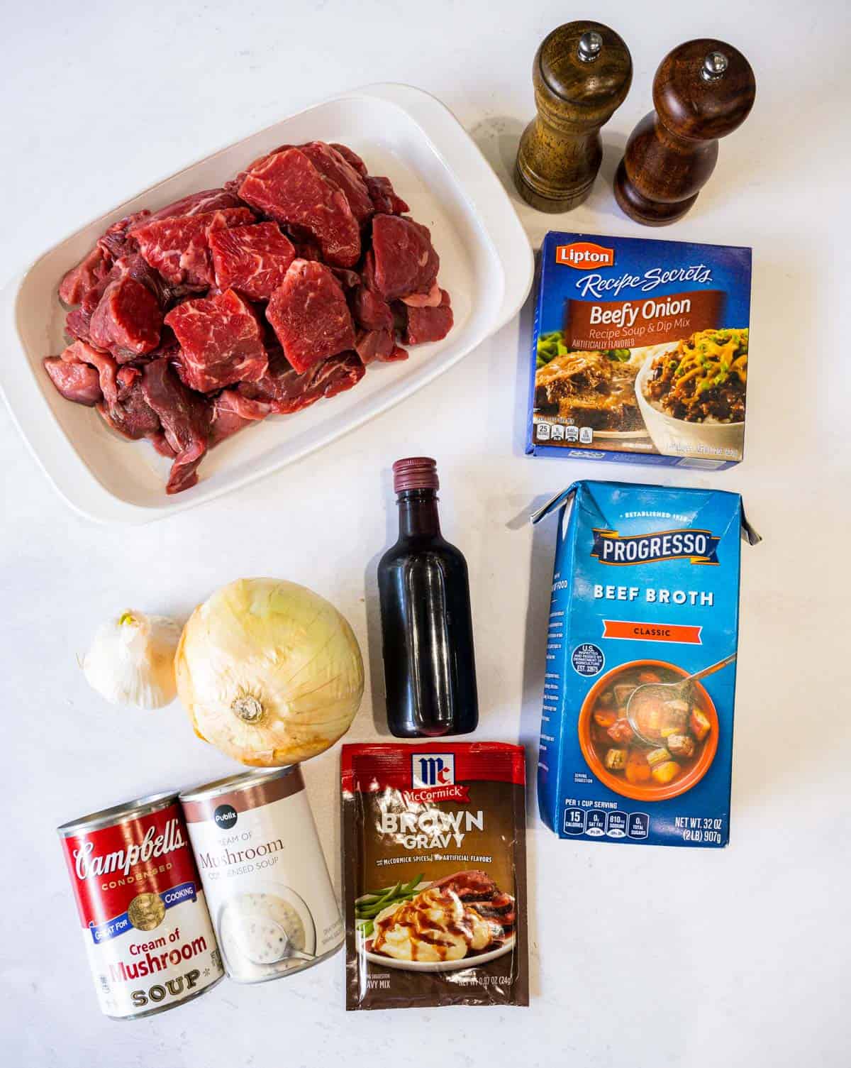 Image of ingredients to make beef tips and gravy.