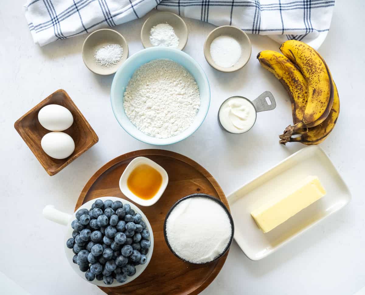 Image of ingredients to make blueberry banana bread.