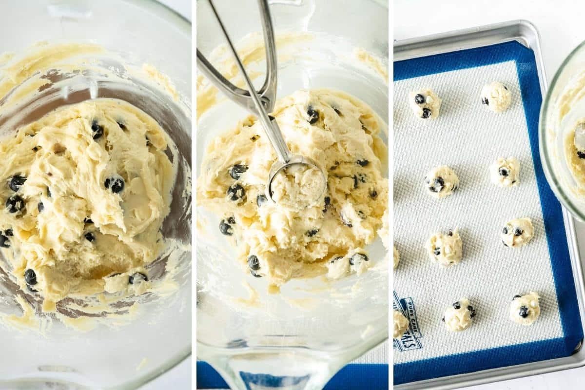Three image collage showing bowl of batter, scooped blueberry cookie dough, and baking tray with cookie dough on it.