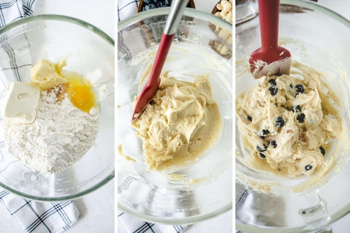 Three image collage showing cookie ingredients in a bowl, dough mixed, and dough with blueberries and white chocolate chips added.