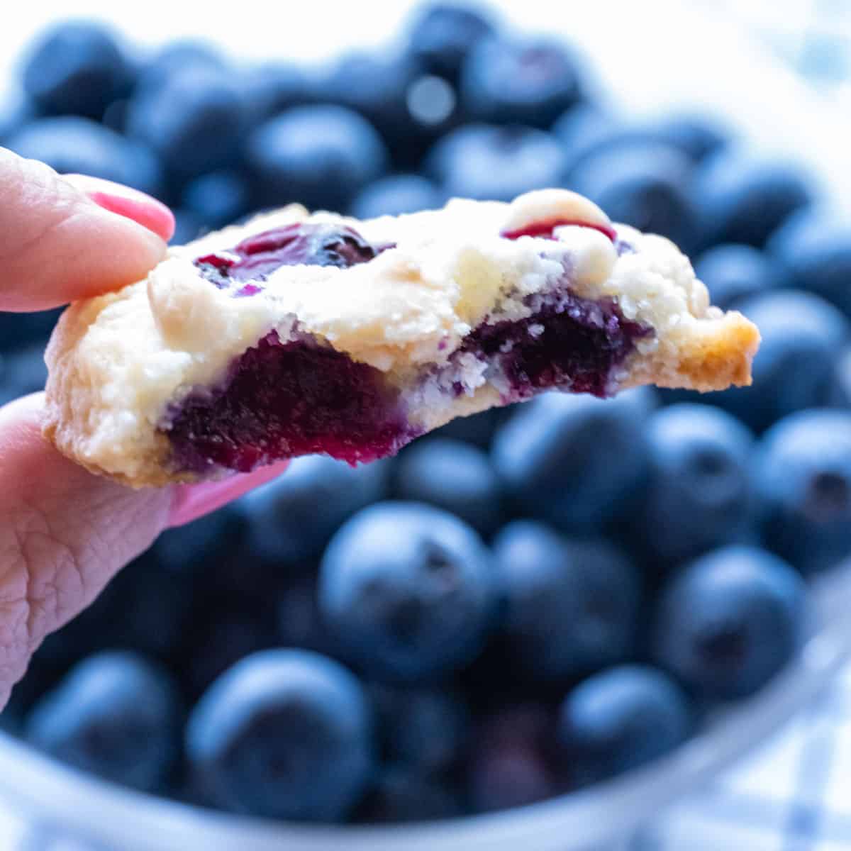Upclose image of a handheld blueberry cookie with a bite taken out of it and a bowl of blueberries in the background.