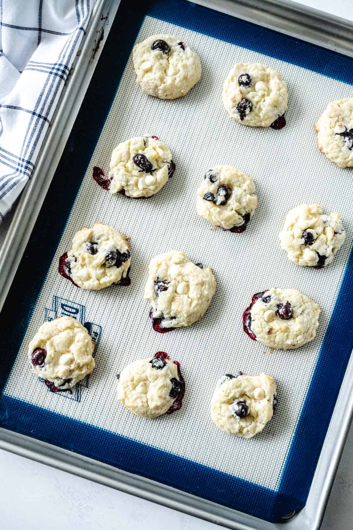 Blueberry Cheesecake Cookies on a baking sheet just after being baked.