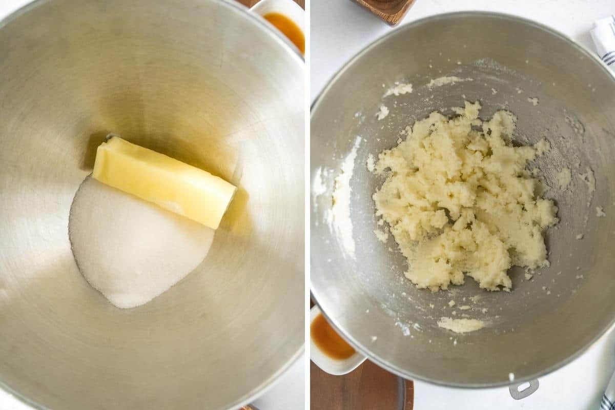 Two image collage showing beating butter and sugar together.