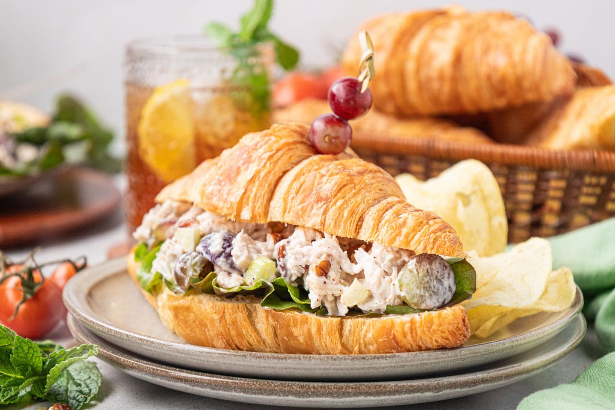 Chicken salad on a croissant on a plate with chips.