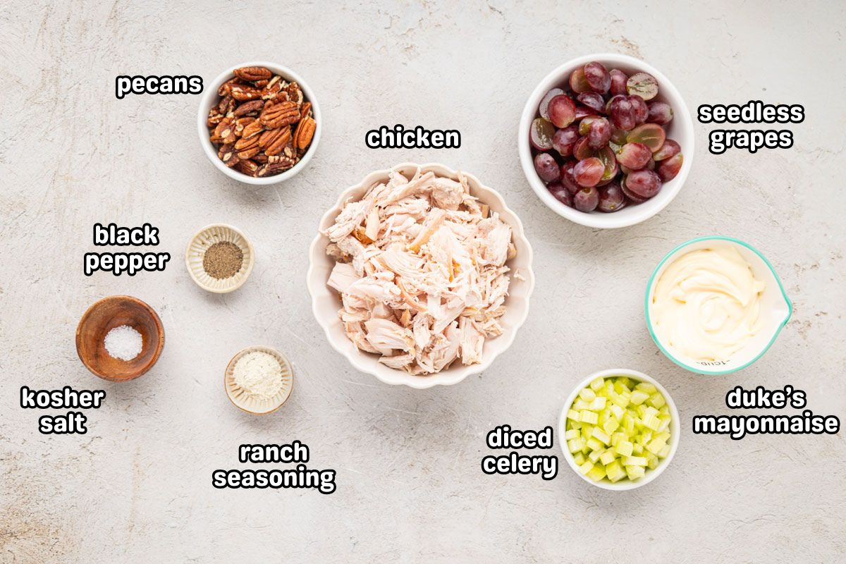 A labeled image of ingredients needed to make the best chicken salad.