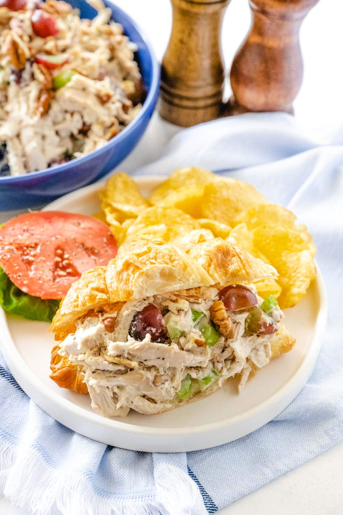 Chicken salad on a croissant plated with chips and lettuce and tomato.
