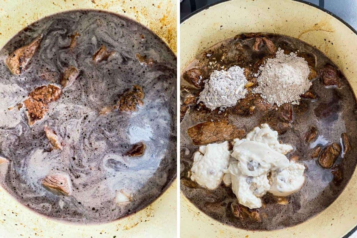 Two image collage showing deglazing pan and adding in onion soup mix, brown gravy mix, and cream of mushroom soup.