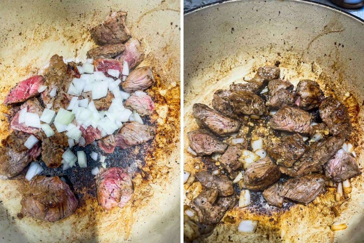 Two image collage showing adding in diced onion and minced garlic and sauteing.
