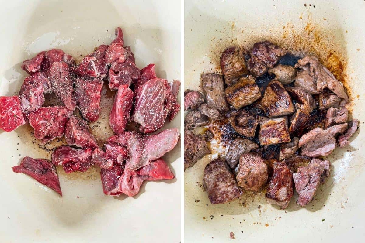 Two image collage showing adding in beef tips and searing until browned..