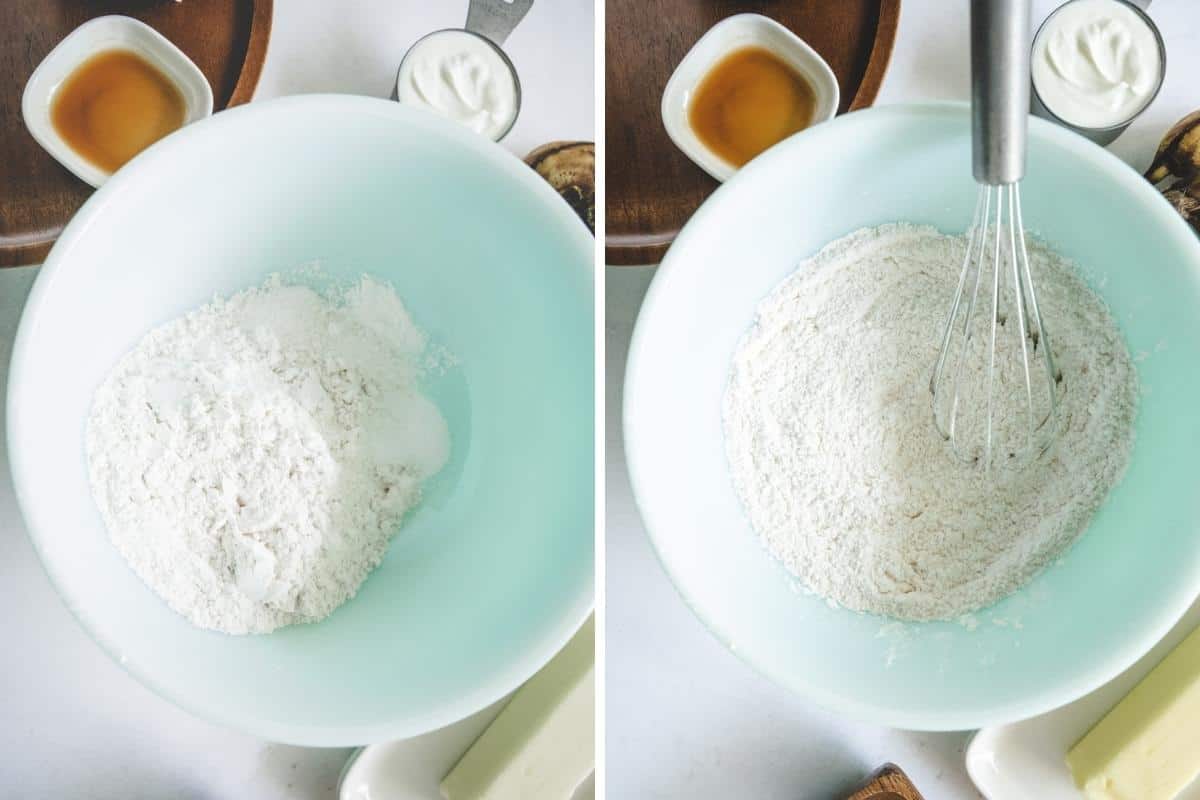 Two image collage showing whisking dry ingredients.