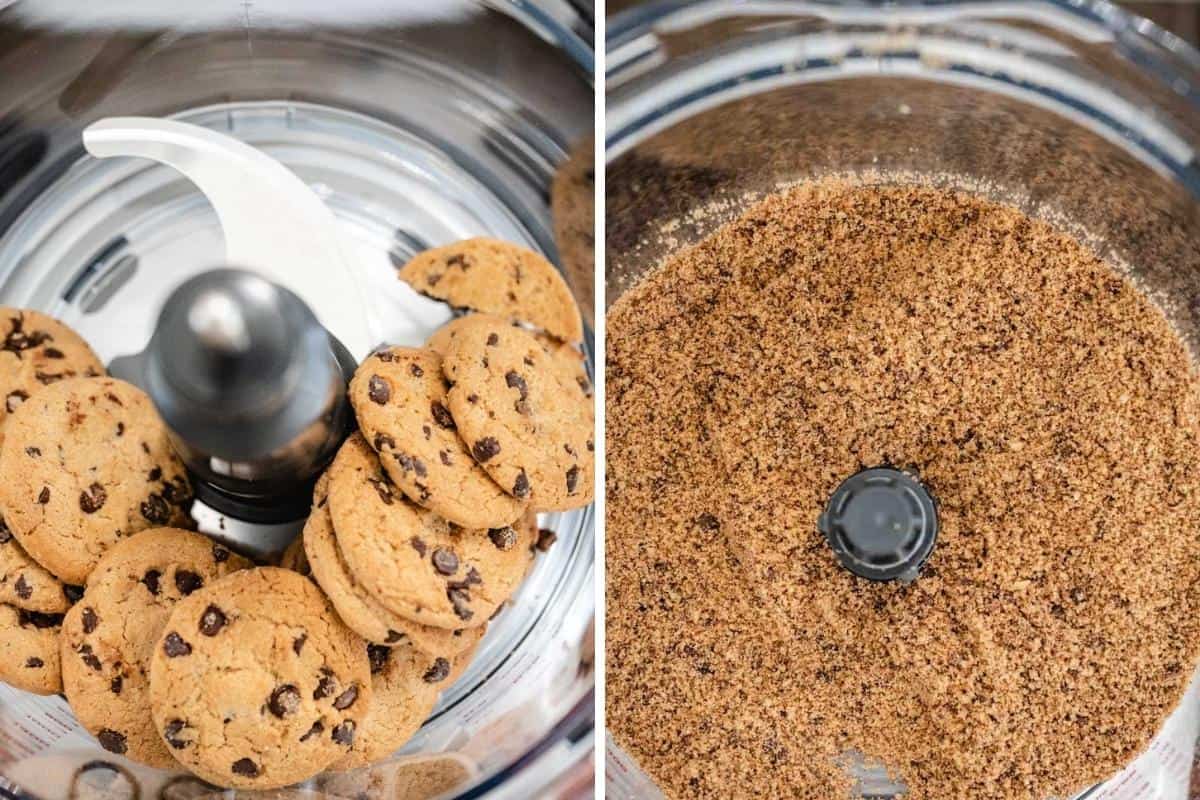 Two image collage with whole chocolate chip cookies in a food processor and then one with cookies processed into crumbs.