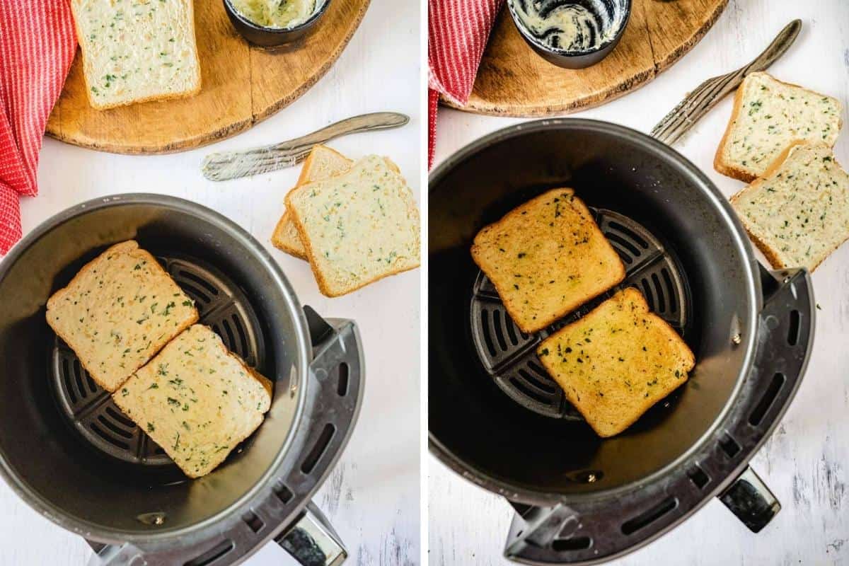 2 Image collage showing two garlic buttered slices in the air fryer before being cooked and after.