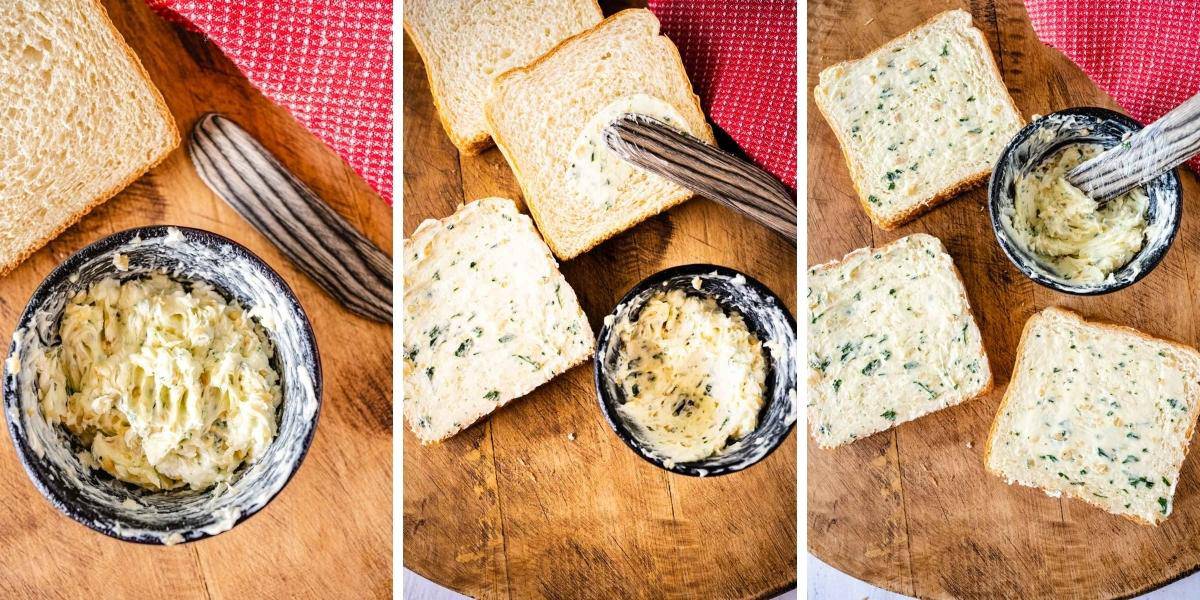 3 Image collage showing air fryer texas toast garlic spread in a bowl, buttering a slice of texas toast and then three slices of buttered bread.