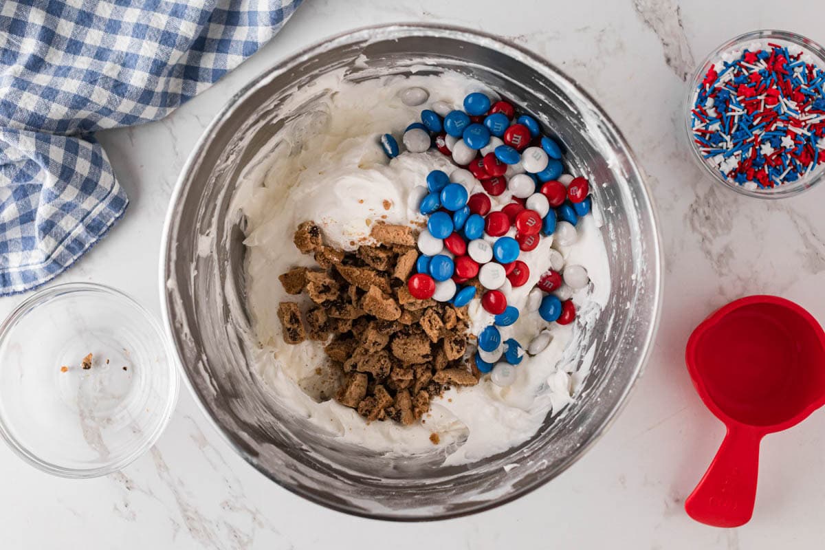 M&M's and chocolate chip cooking chunks added to pie filling.
