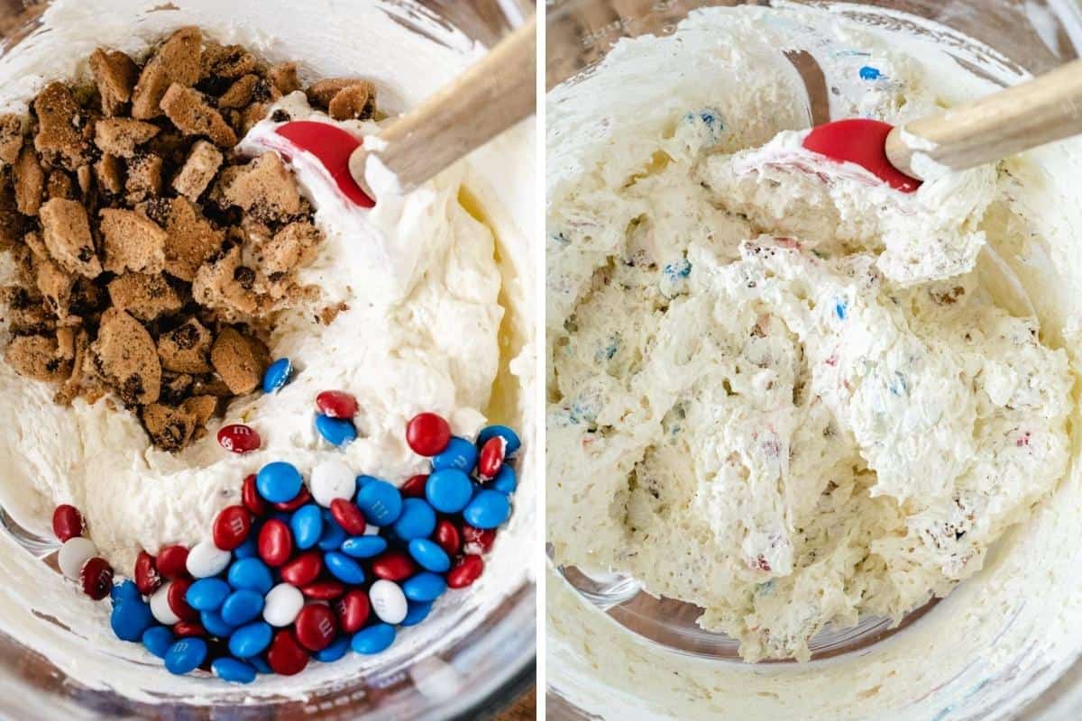 Two collage image showing chocolate chip cookie chunks and m&m's added to cream cheese filling and mixed.