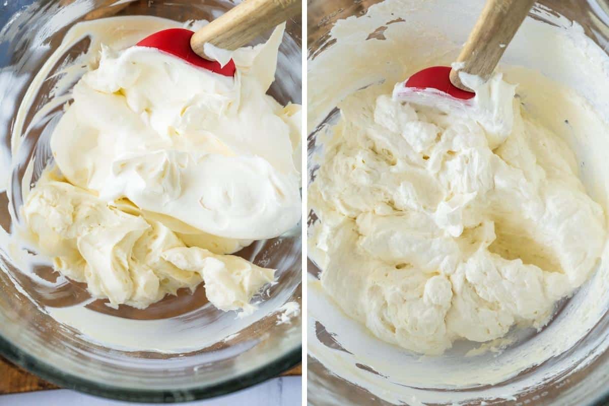 Two image collage showing whipped topping and then folded into cream cheese mixture.