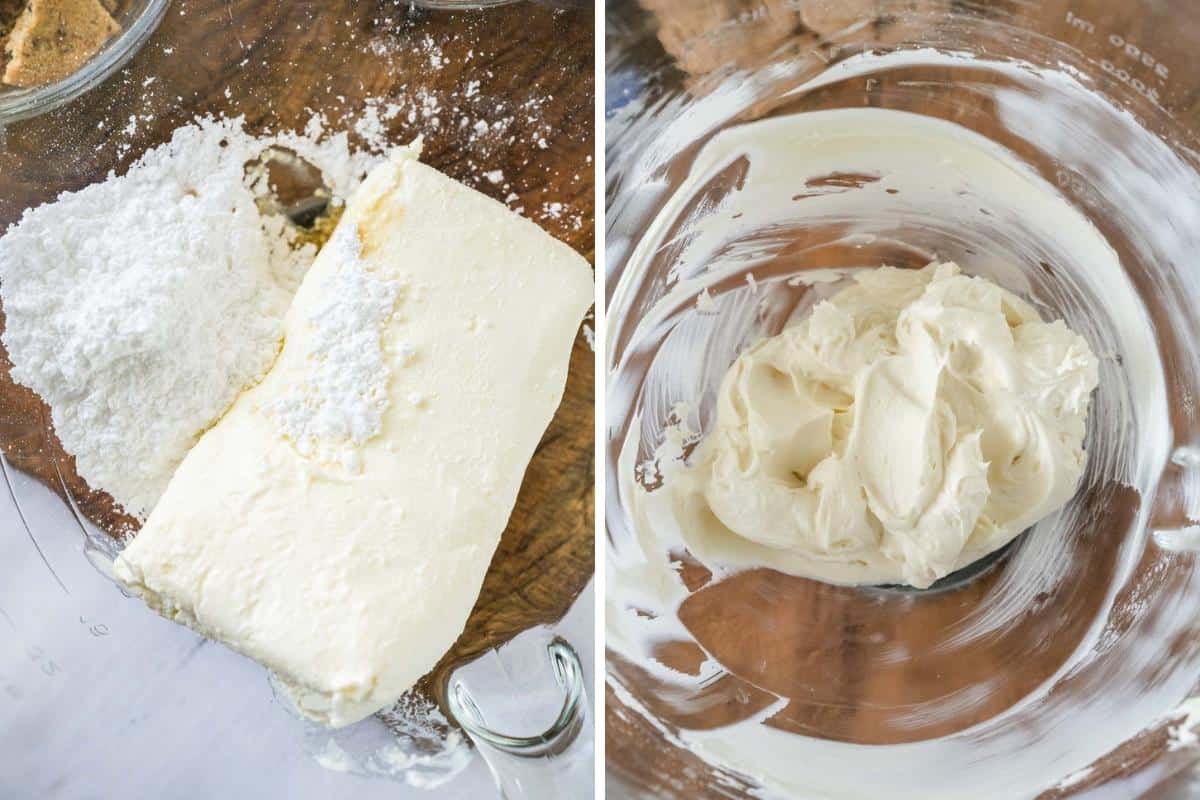 Two collage image showing cream cheese, vanilla, and powdered sugar added to a bowl and whipped until fluffy.
