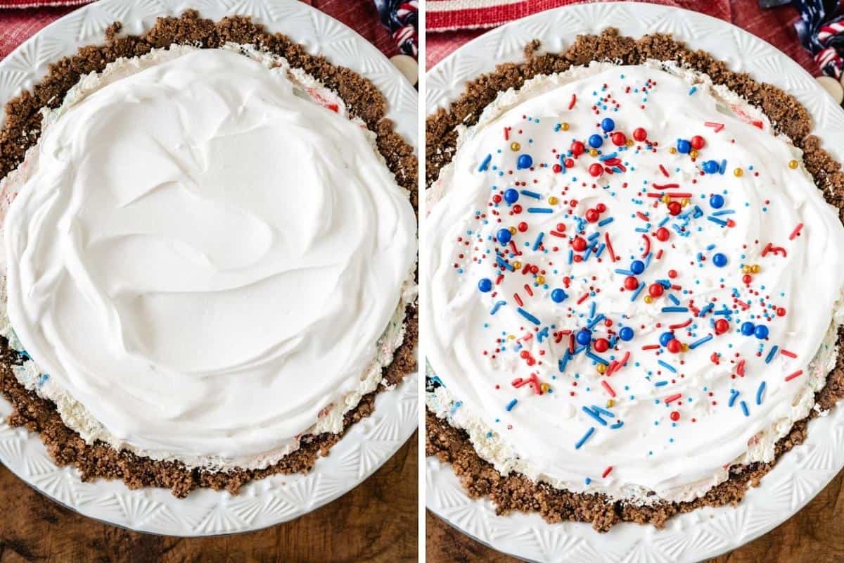 Two image collage showing pie filling topped with whipped cream and then sprinkles added for garnish.