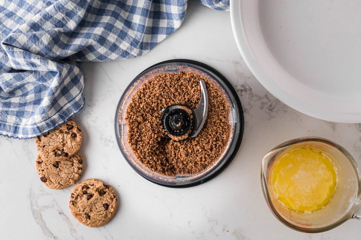 Crushed cookies in a food processor.
