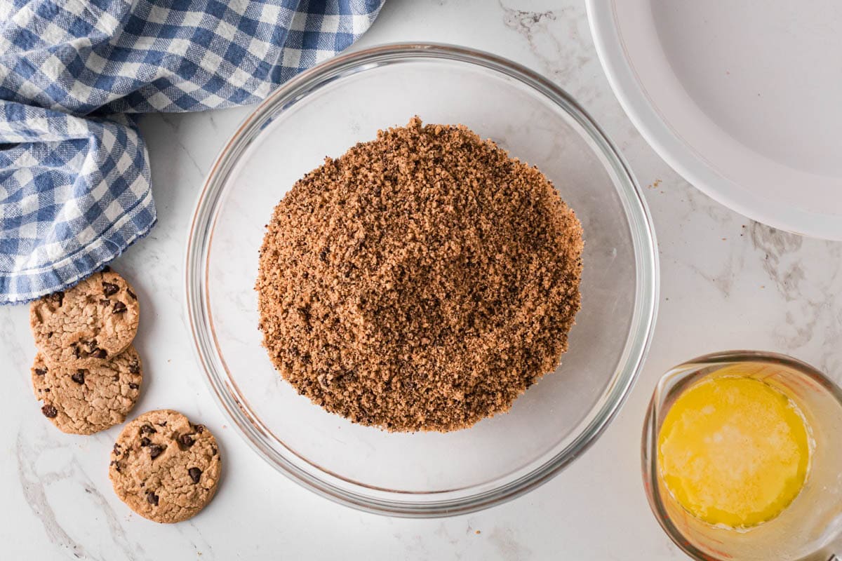 Crushed cookies crumbs in a bowl.