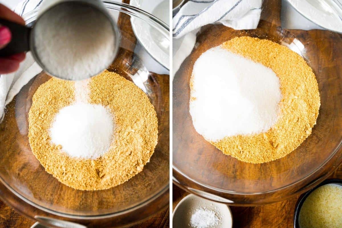 Two image collage showing sugar being poured into crush graham crackers and then a bowl with the sugar and graham crackers on a board with melted butter and salt to the side of the bowl.