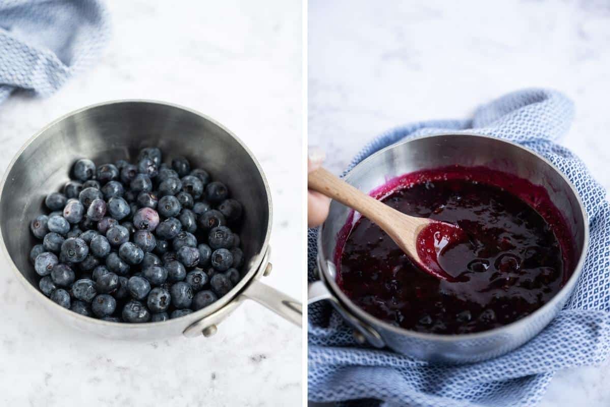 Two collage image with blueberries in sauce pan and cooking to make blueberry sauce.