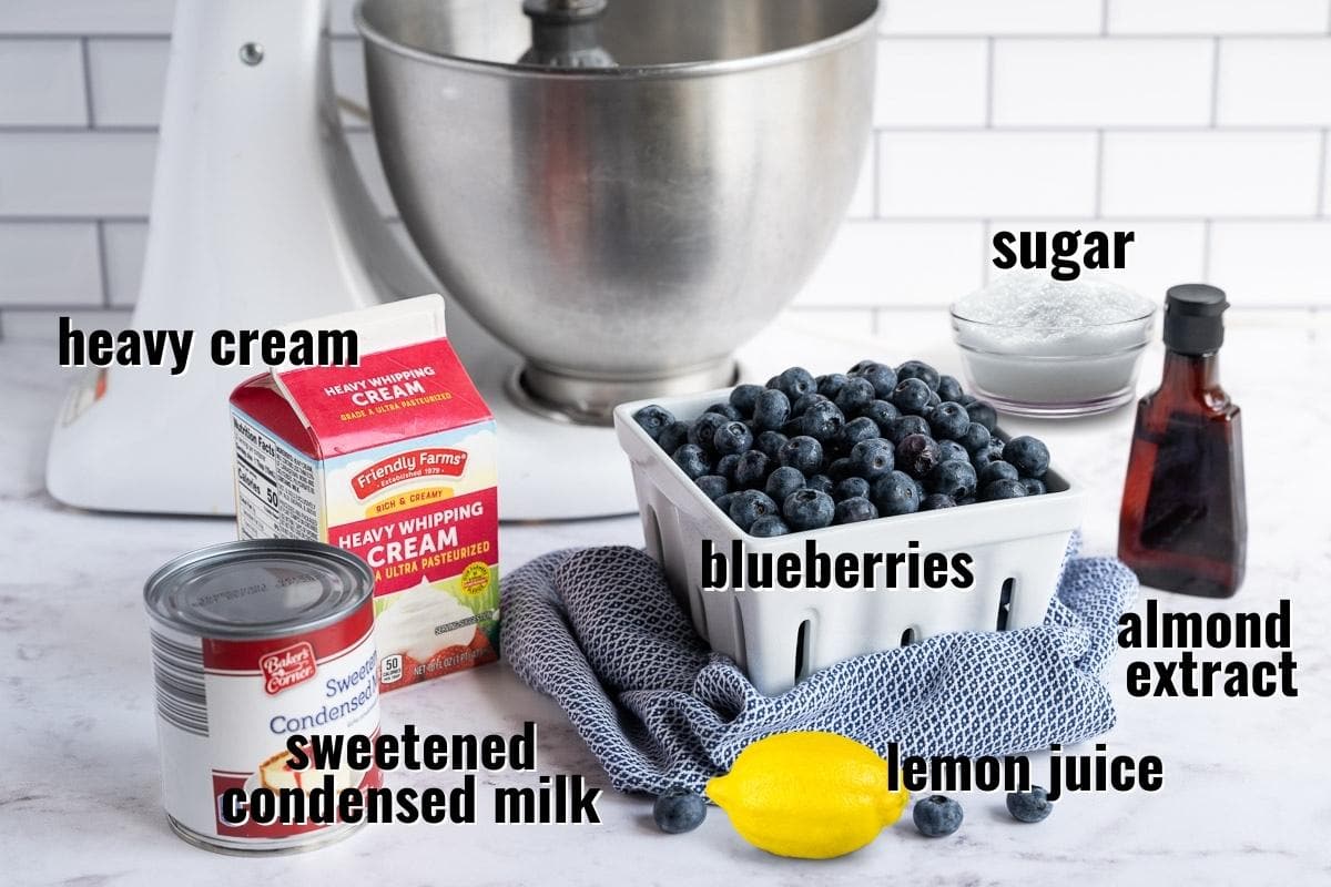 Labeled image of ingredients needed to make no-churn blueberry ice cream; heavy cream, sweetened condensed milk, blueberries, lemon juice, almond extract, and sugar.