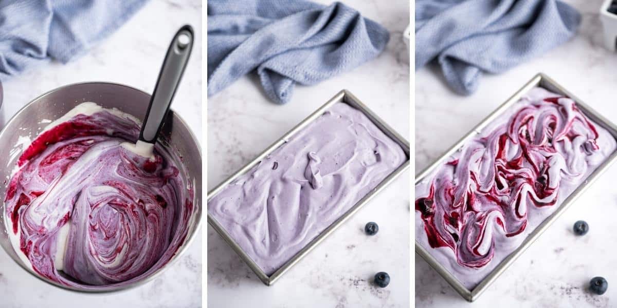 Three collage image showing blueberry sauce folded into ice cream mixture, poured into loaf pan, and then reserved blueberry sauce swirled on top.